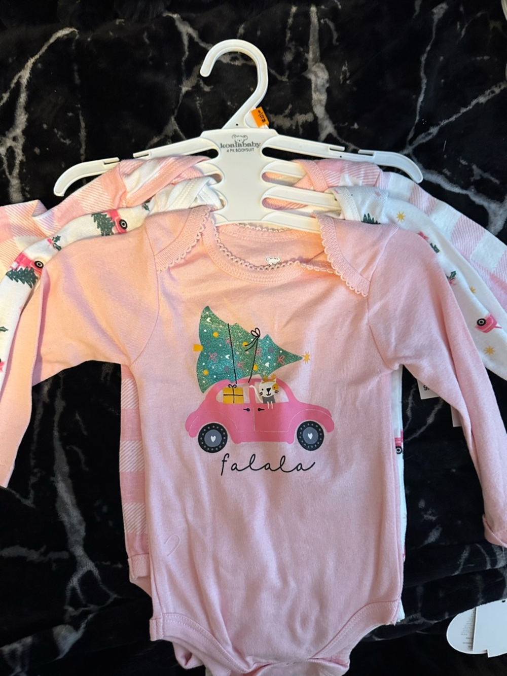Pink Baby Holiday Onesie with Tree & Car Graphic